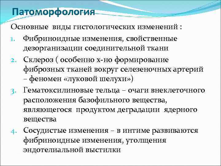 Патоморфология Основные виды гистологических изменений : 1. Фибриноидные изменения, свойственные дезорганизации соединительной ткани 2.