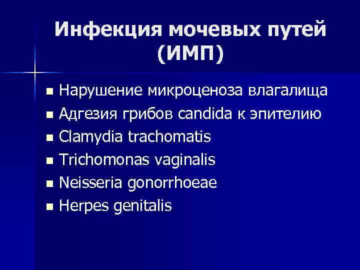 Инфекция мочевых путей (ИМП) Нарушение микроценоза влагалища n Адгезия грибов candida к эпителию n
