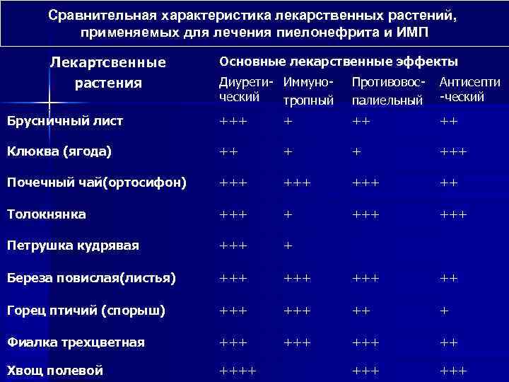 Сравнительная характеристика лекарственных растений, применяемых для лечения пиелонефрита и ИМП Лекартсвенные растения Основные лекарственные