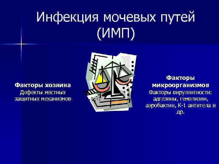 Инфекция мочевых путей (ИМП) Факторы хозяина Дефекты местных защитных механизмов Факторы микроорганизмов Факторы вирулентности: