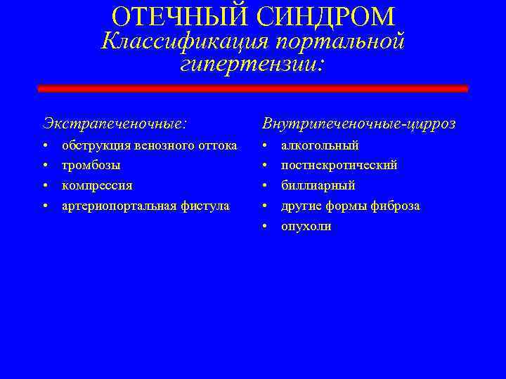 ОТЕЧНЫЙ СИНДРОМ Классификация портальной гипертензии: Экстрапеченочные: Внутрипеченочные-цирроз • • • обструкция венозного оттока тромбозы