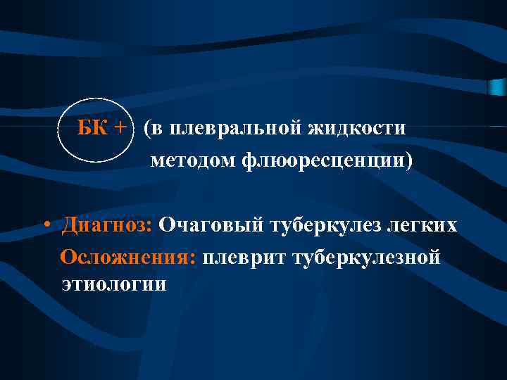 БК + (в плевральной жидкости методом флюоресценции) • Диагноз: Очаговый туберкулез легких Осложнения: плеврит