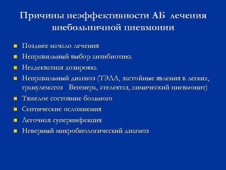 Причины неэффективности АБ лечения внебольничной пневмонии n n n n Позднее начало лечения Неправильный