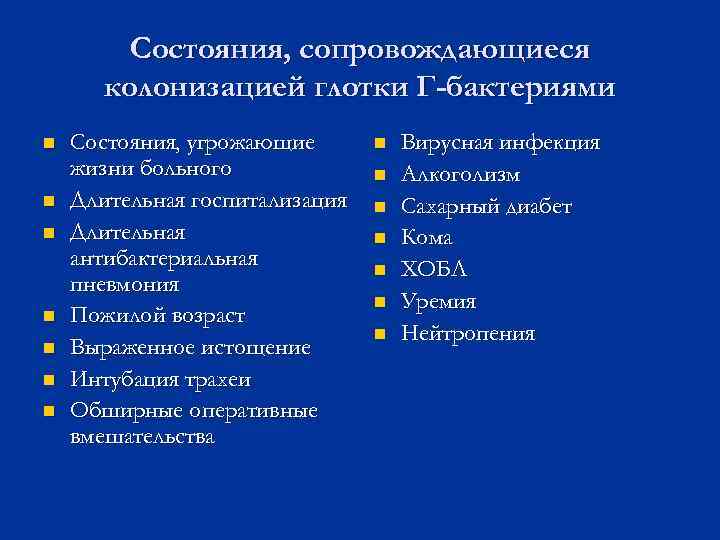 Состояния, сопровождающиеся колонизацией глотки Г-бактериями n n n n Состояния, угрожающие жизни больного Длительная