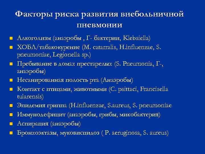 Факторы риска развития внебольничной пневмонии n n n n n Алкоголизм (анаэробы , Г-