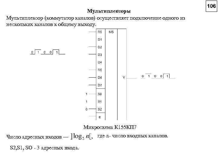 Мультиплексоры Мультиплексор (коммутатор каналов) осуществляет подключение одного из нескольких каналов к общему выходу. Микросхема