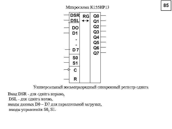 Микросхема К 155 ИР 13 Универсальный восьмиразрядный синхронный регистр сдвига Вход DSR - для