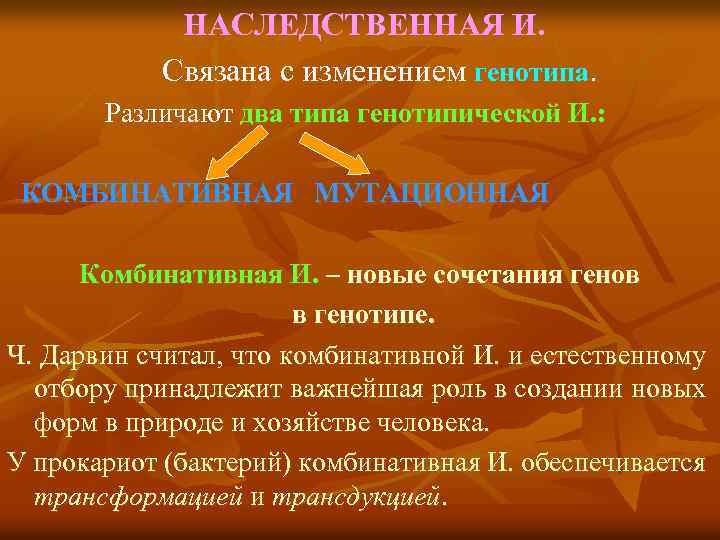 НАСЛЕДСТВЕННАЯ И. Связана с изменением генотипа. Различают два типа генотипической И. : КОМБИНАТИВНАЯ МУТАЦИОННАЯ