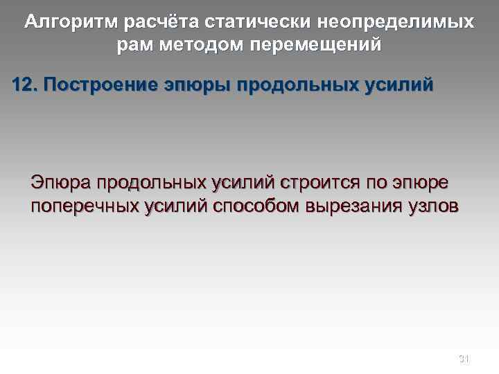 Алгоритм расчёта статически неопределимых рам методом перемещений 12. Построение эпюры продольных усилий Эпюра продольных