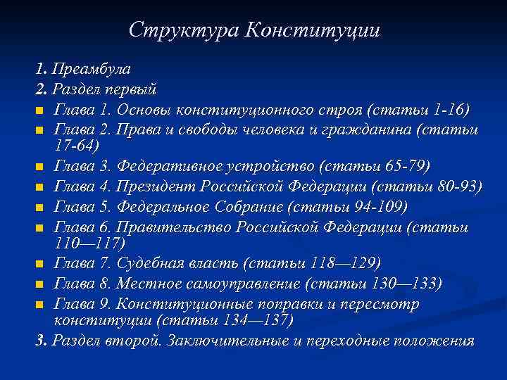 Структура Конституции 1. Преамбула 2. Раздел первый n Глава 1. Основы конституционного строя (статьи