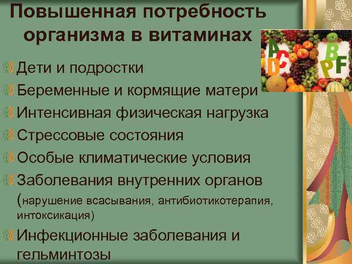 Повышенная потребность организма в витаминах Дети и подростки Беременные и кормящие матери Интенсивная физическая
