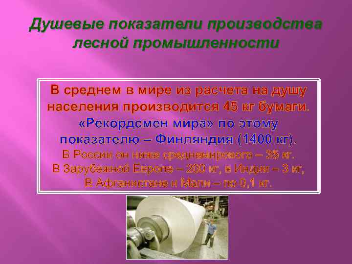 Душевые показатели производства лесной промышленности В среднем в мире из расчета на душу населения