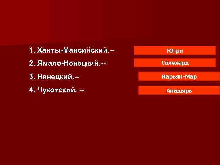 1. Ханты-Мансийский. -- Югра 2. Ямало-Ненецкий. -- Салехард 3. Ненецкий. -- Нарьян-Мар 4. Чукотский.