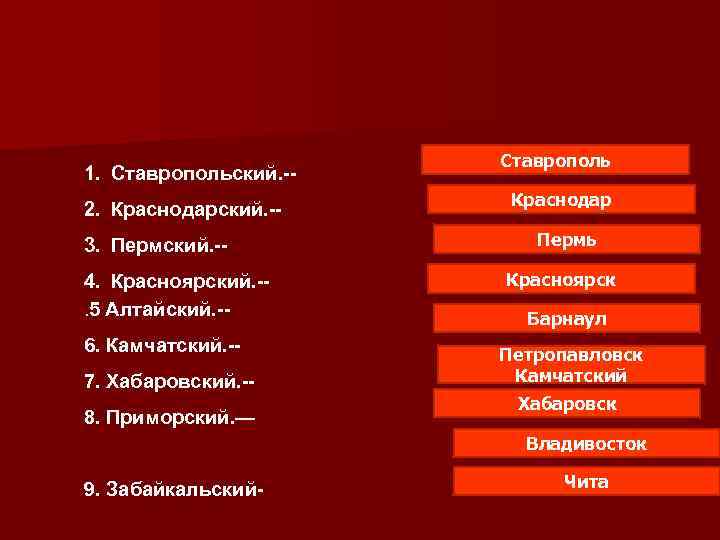 1. Ставропольский. -2. Краснодарский. -3. Пермский. -4. Красноярский. -. 5 Алтайский. -6. Камчатский. -7.