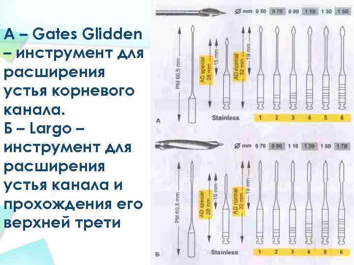А – Gates Glidden – инструмент для расширения устья корневого канала. Б – Largo