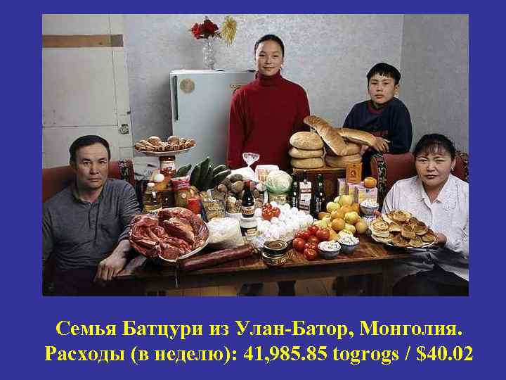 Семья Батцури из Улан-Батор, Монголия. Расходы (в неделю): 41, 985. 85 togrogs / $40.