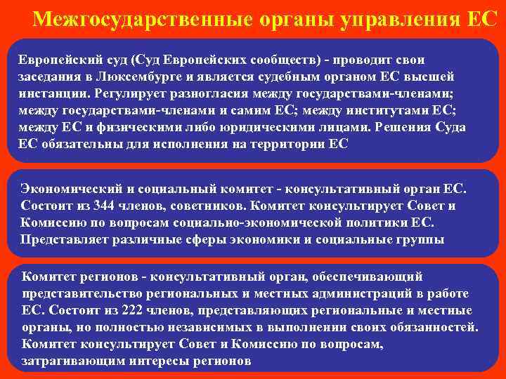 Межгосударственные органы управления ЕС Европейский суд (Суд Европейских сообществ) - проводит свои заседания в