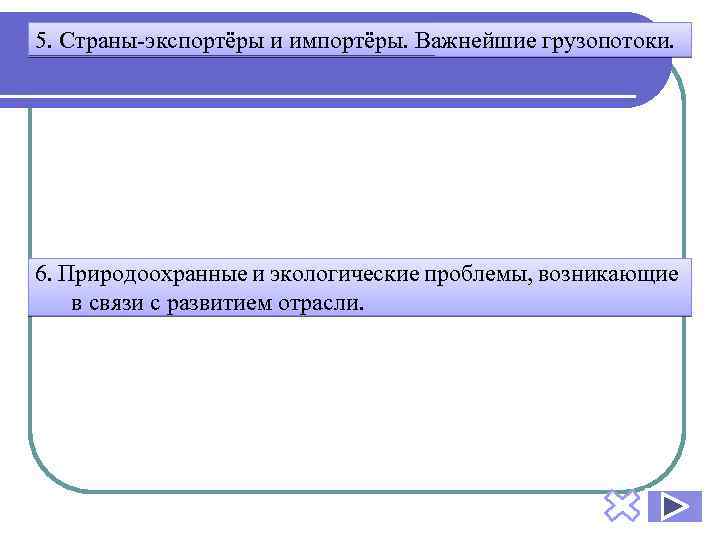 5. Страны-экспортёры и импортёры. Важнейшие грузопотоки. 6. Природоохранные и экологические проблемы, возникающие в связи