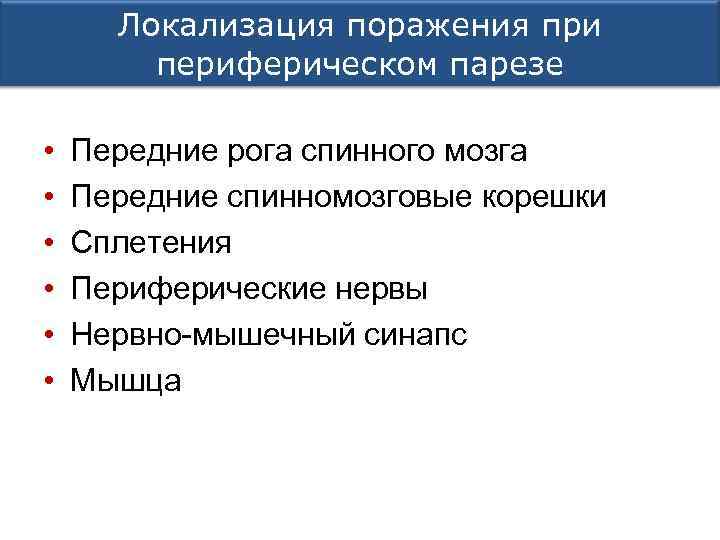 Локализация поражения при периферическом парезе • • • Передние рога спинного мозга Передние спинномозговые
