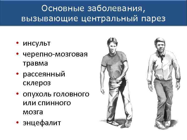 Основные заболевания, вызывающие центральный парез • инсульт • черепно-мозговая травма • рассеянный склероз •