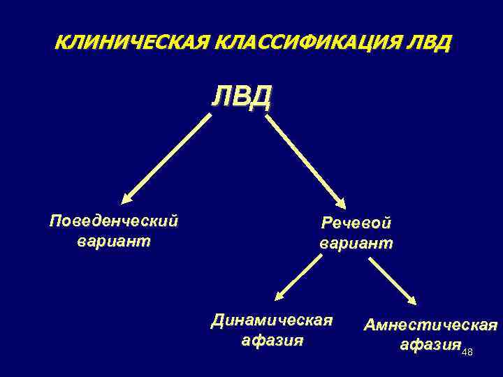 КЛИНИЧЕСКАЯ КЛАССИФИКАЦИЯ ЛВД Поведенческий вариант Речевой вариант Динамическая афазия Амнестическая афазия 48 