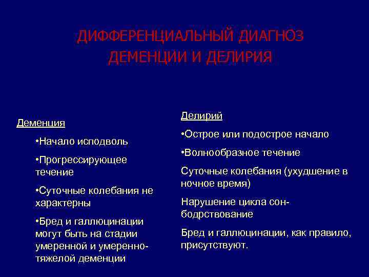 ДИФФЕРЕНЦИАЛЬНЫЙ ДИАГНОЗ ДЕМЕНЦИИ И ДЕЛИРИЯ Деменция • Начало исподволь • Прогрессирующее течение • Суточные