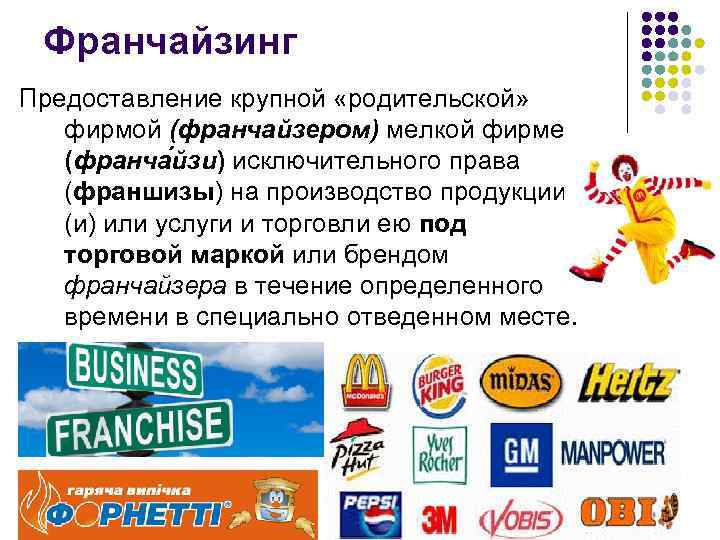 Франчайзинг Предоставление крупной «родительской» фирмой (франчайзером) мелкой фирме (франча йзи) исключительного права (франшизы) на