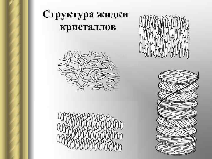 Строение жидких. Структура жидких кристаллов. Жидкие Кристаллы строение. Структура жидкокристаллического вещества. Холестерические жидкие Кристаллы строение.