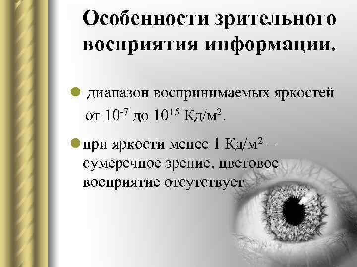 Сумеречное зрение. Особенности восприятия информации. Особенности восприятия зрительной информации. Особенно восприятия зритетельной информации. Диапазон зрительного восприятия.