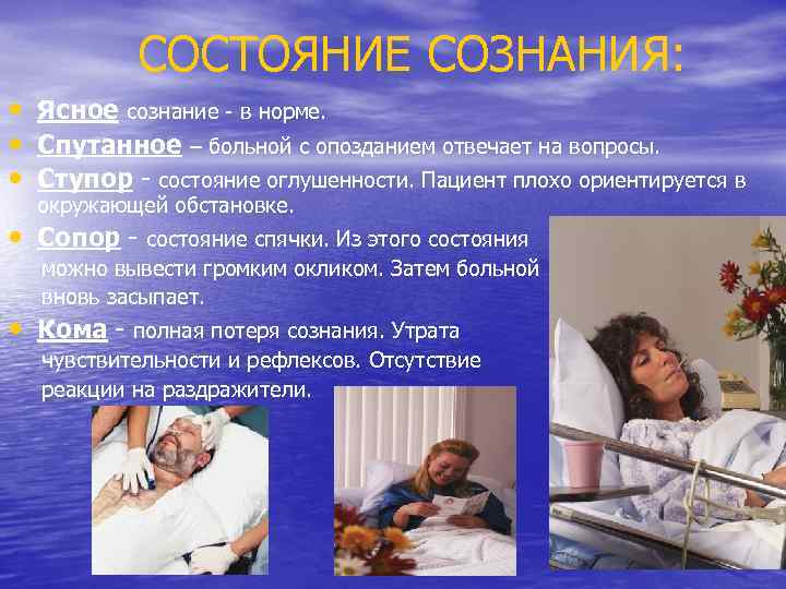 СОСТОЯНИЕ СОЗНАНИЯ: • Ясное сознание - в норме. • Спутанное – больной с опозданием