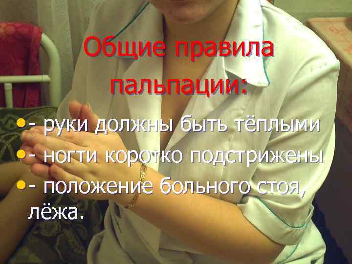 Общие правила пальпации: • - руки должны быть тёплыми • - ногти коротко подстрижены