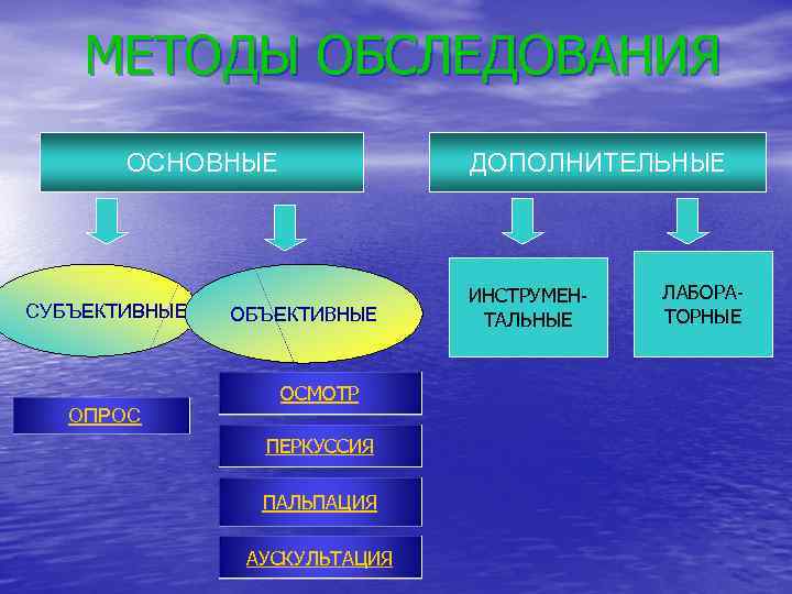 МЕТОДЫ ОБСЛЕДОВАНИЯ ОСНОВНЫЕ СУБЪЕКТИВНЫЕ ДОПОЛНИТЕЛЬНЫЕ ОБЪЕКТИВНЫЕ ОСМОТР ОПРОС ПЕРКУССИЯ ПАЛЬПАЦИЯ АУСКУЛЬТАЦИЯ ИНСТРУМЕНТАЛЬНЫЕ ЛАБОРАТОРНЫЕ 