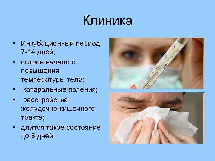 Клиника • Инкубационный период 7 -14 дней; • острое начало с повышения температуры тела;