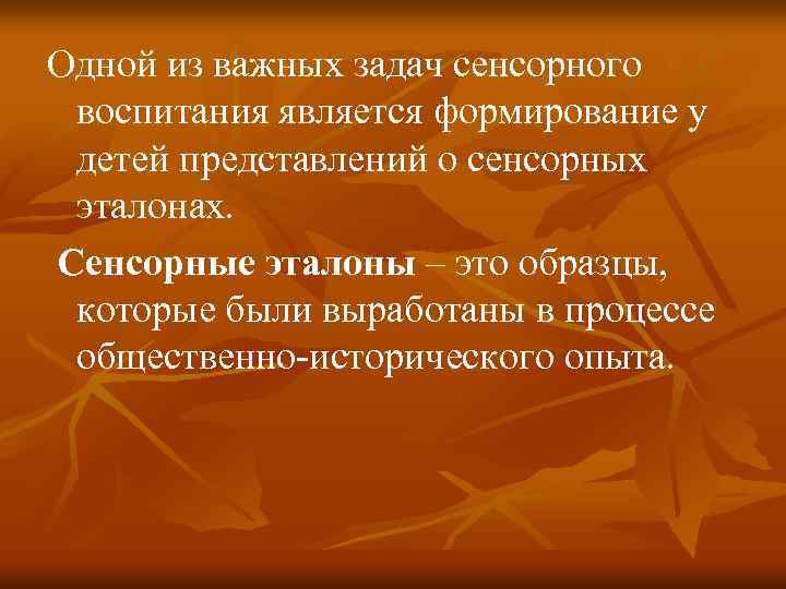 Одной из важных задач сенсорного воспитания является формирование у детей представлений о сенсорных эталонах.