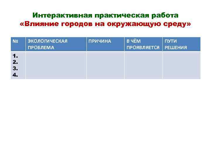 Интерактивная практическая работа «Влияние городов на окружающую среду» № 1. 2. 3. 4. ЭКОЛОГИЧЕСКАЯ