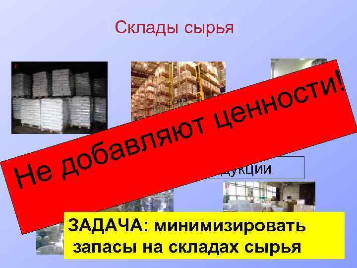 Склады сырья ют ля в и! ст о нн це ба Склады готовой продукции