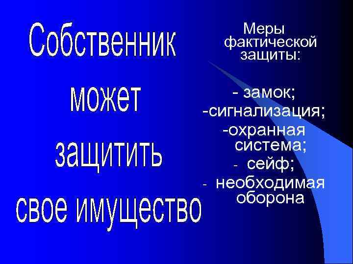 Меры фактической защиты: - замок; -сигнализация; -охранная система; - сейф; - необходимая оборона 