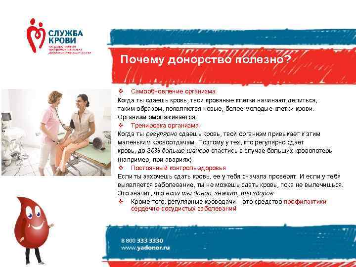 Почему донорство полезно? v Самообновление организма Когда ты сдаешь кровь, твои кровяные клетки начинают