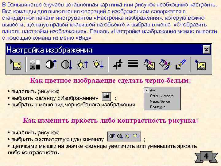 В большинстве случаев вставленная картинка или рисунок необходимо настроить. Все команды для выполнения операций