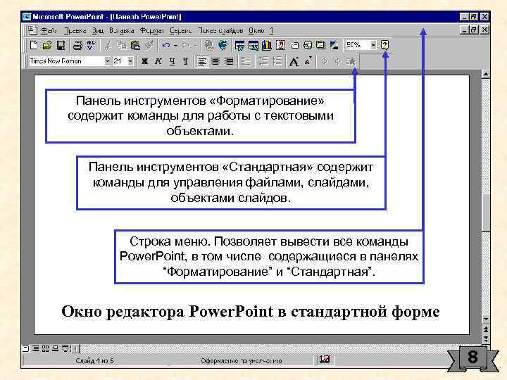 Панель инструментов «Форматирование» содержит команды для работы с текстовыми объектами. Панель инструментов «Стандартная» содержит