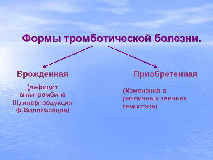 Формы тромботической болезни. Врожденная (дефицит антитромбина III, гиперпродукция ф. Виллебранда) Приобретенная (Изменения в различных
