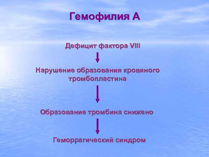 Гемофилия А Дефицит фактора VIII Нарушение образования кровяного тромбопластина Образование тромбина снижено Геморрагический синдром