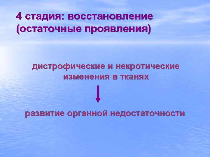 4 стадия: восстановление (остаточные проявления) дистрофические и некротические изменения в тканях развитие органной недостаточности