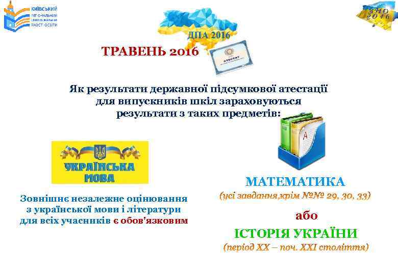 ТРАВЕНЬ 2016 Як результати державної підсумкової атестації для випускників шкіл зараховуються результати з таких