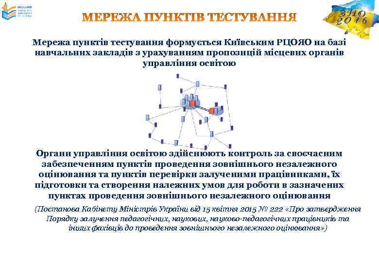 Мережа пунктів тестування формується Київським РЦОЯО на базі навчальних закладів з урахуванням пропозицій місцевих