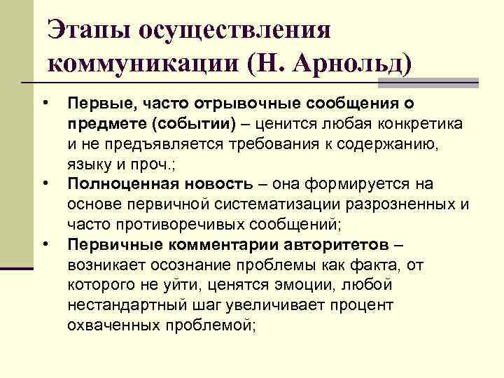 Этапы осуществления коммуникации (Н. Арнольд) • • • Первые, часто отрывочные сообщения о предмете