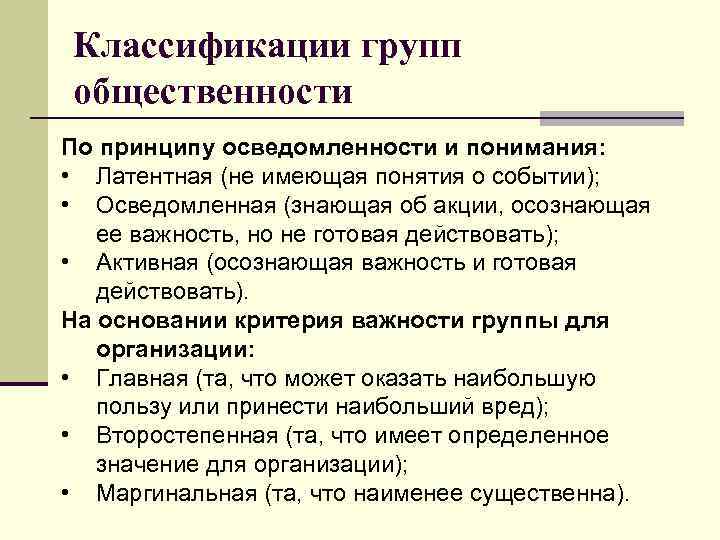 Классификации групп общественности По принципу осведомленности и понимания: • Латентная (не имеющая понятия о