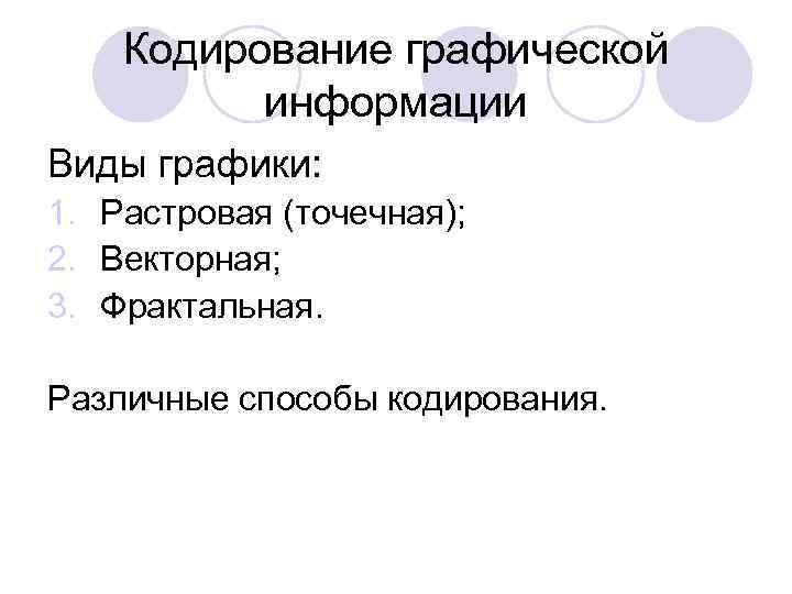 Кодирование графической информации Виды графики: 1. Растровая (точечная); 2. Векторная; 3. Фрактальная. Различные способы