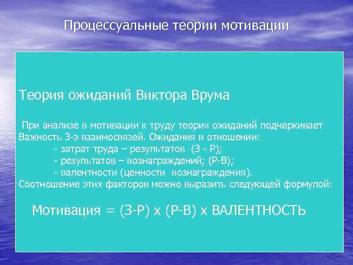 Процессуальные теории мотивации Теория ожиданий Виктора Врума При анализе в мотивации к труду теория