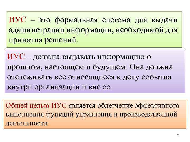 ИУC – это формальная система для выдачи администрации информации, необходимой для принятия решений. ИУC